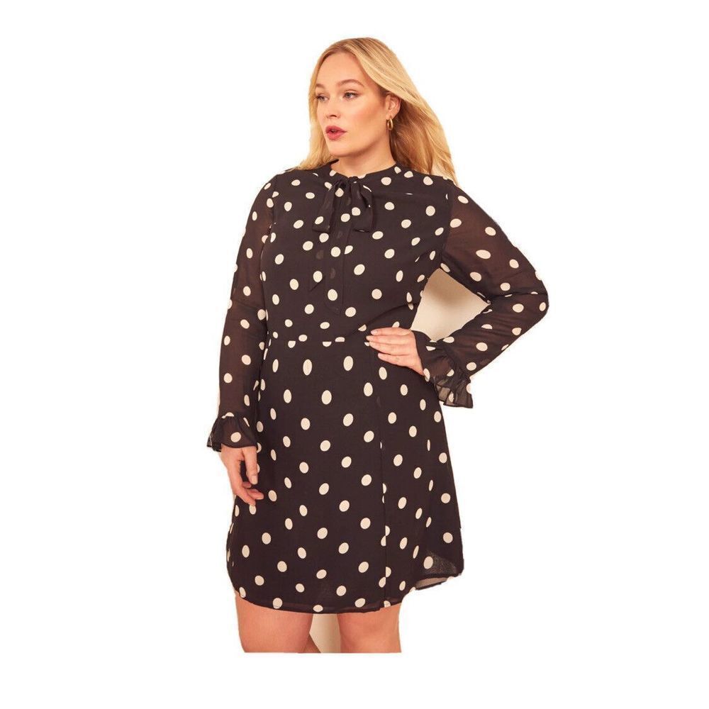 Reformation Fox Dress ES Sz 12 L Black White Polka Dot Mini Tie Neck Ruffl…
